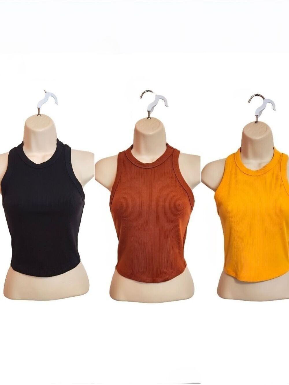 Briavia Ribbed Sleeveless Racerback Black Brown Yellow Crop Tank Bundle Small